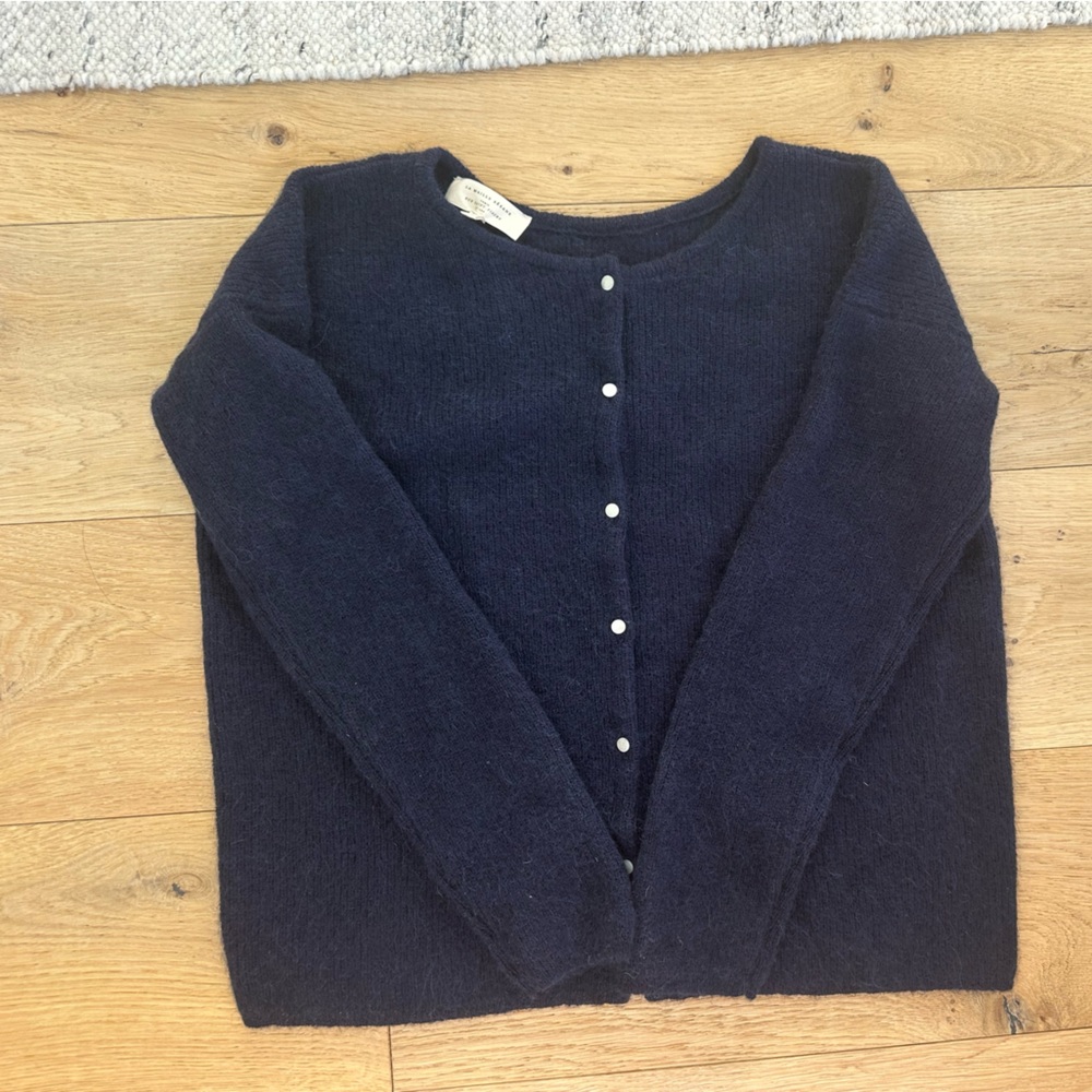 Sezane Gaspard navy cardigan.